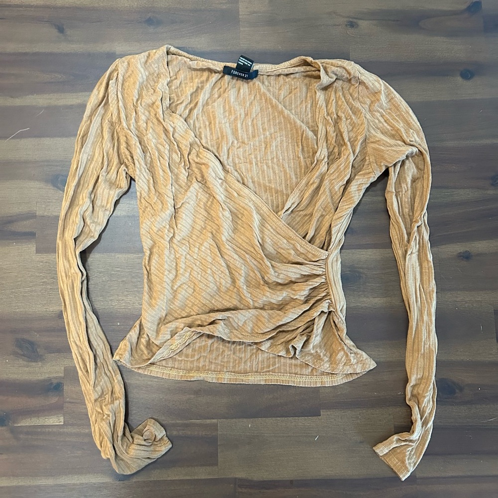 tan forever 21 ribbed long sleeve wrap shirt cropped